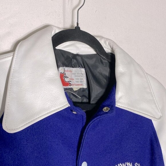 Vintage ‘77 Blue Varsity Jacket W White Leather Sleeves Wetaskiwin Sportshop S - Picture 8 of 16